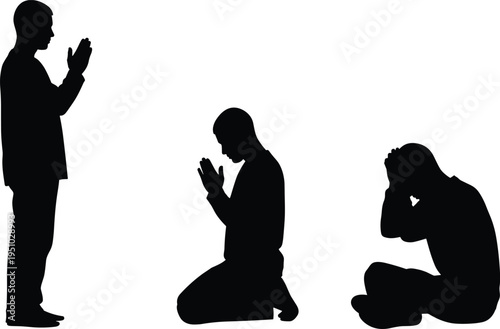 Silhouette of man praying in three positions standing kneeling and sitting in despair, religious devotion, meditation, and spiritual grief, isolated, white background.