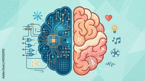 Artificial Intelligence and Human Creativity Concept: Left Brain Circuitry vs Right Brain Organic Art