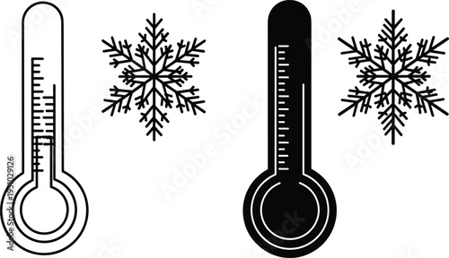 Cold weather thermometer icons, snowflake temperature symbols, winter climate illustration, freezing degrees comparison, seasonal weather design elements, flat vector illustration
