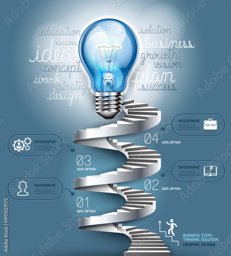 4-Step Business Success Infographic Template. Vector Illustration of a Spiral Staircase Leading to a Glowing Blue Light Bulb with Conceptual Business Keywords