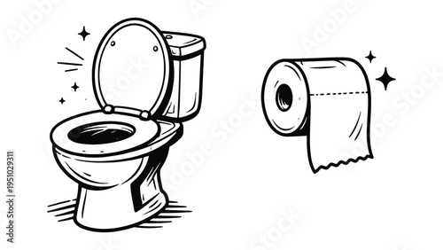 Toilet and Toilet Paper Illustration – Bathroom Sanitation and Hygiene Icon Set