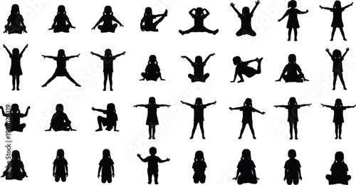 Silhouetted group of athletes and fitness people exercising, weightlifting, doing yoga, and running during a workout isolated on white background