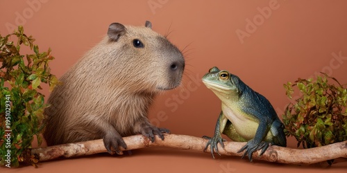 Capybara and Large Toad Sitting on a Branch Together, Exotic Animal Interaction in a Studio Setting for Wildlife Education, Curious Creatures with Copy Space
