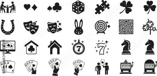 Casino, gambling, icons, set, black, silhouette, poker, cards, dice, slot, machine, lucky, seven, horseshoe, clover, target, puzzle, chess, vector, collection