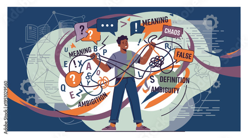 Man struggling with tangled concepts and words representing ambiguity.