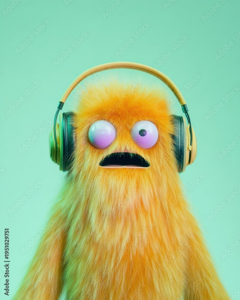 Fototapeta premium Cute Furry Orange Monster Wearing Headphones with Shocked Expression for Music App Icon Mascot on Mint Green Background with Copy Space