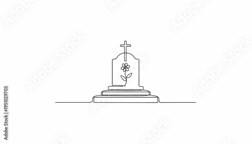 Minimalist single line drawing of a tombstone with a flower and cross