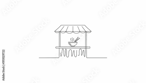 Minimalist single line drawing of a steaming noodle bowl at a street food stall