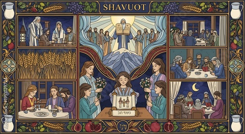 Shavuot holiday celebration illustration depicting Moses receiving the Torah, wheat harvest, and communal feasts