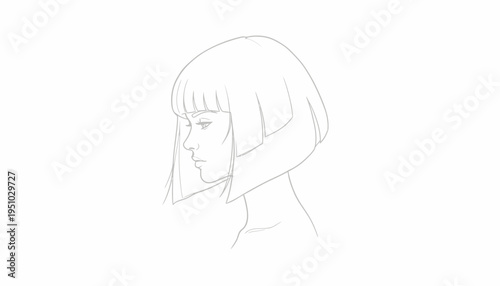 Minimalist sketch of a woman's profile with bob haircut and bangs, elegant line art