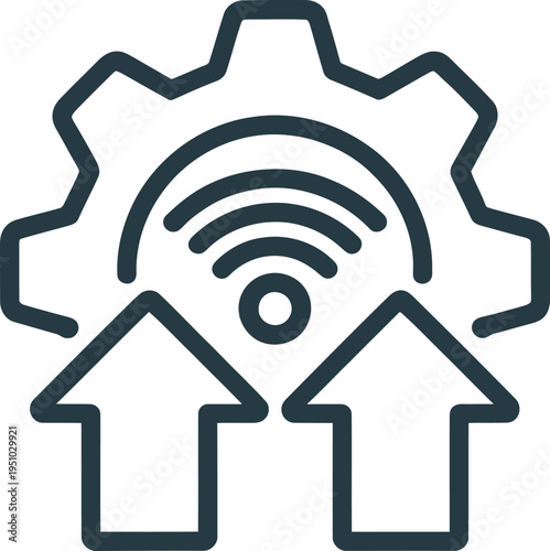 Wi fi signal transmission and gear icon with upward arrows