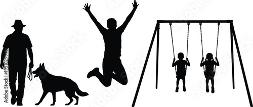 Silhouetted group of people enjoying park activities featuring man walking dog, person jumping for joy, and children on a swing set