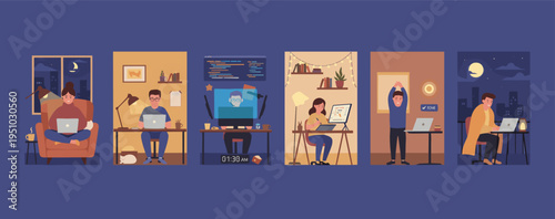 Diverse Home Office Scenes With People Working On Laptops At Different Times Of Day