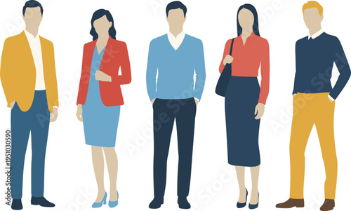 Diverse Group of Professional Men and Women Standing Together Wearing Modern Business Casual Attire Flat Vector Illustration Character Set Isolated on White Background