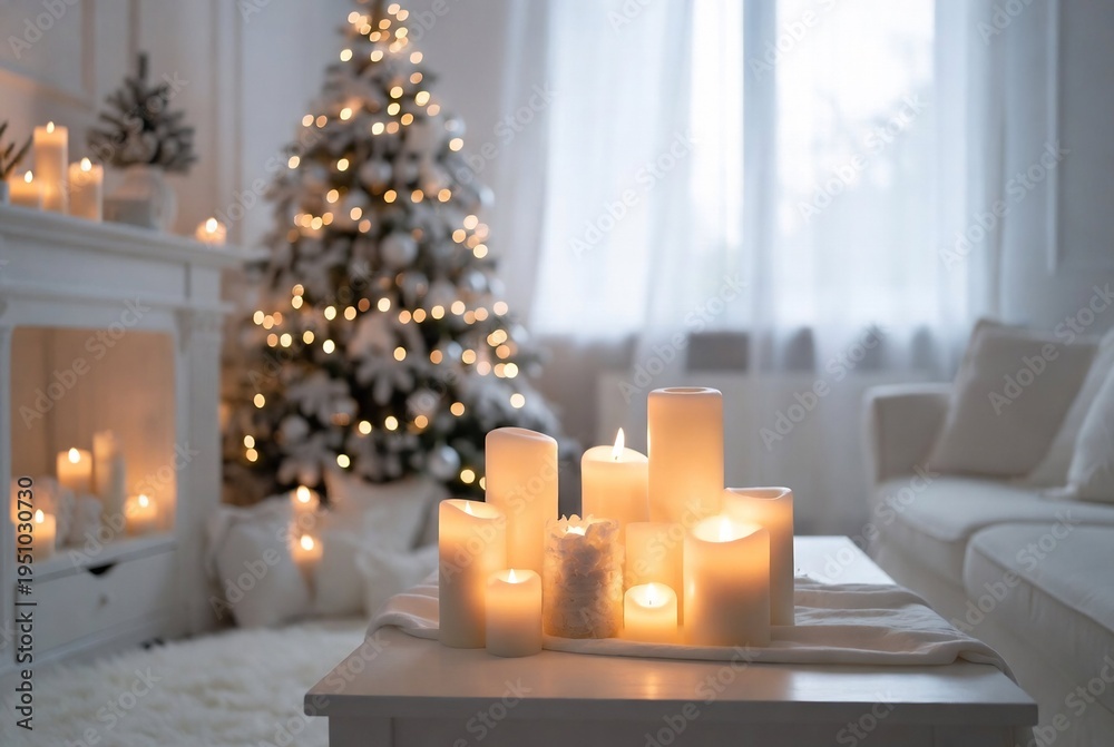 Fototapeta premium A cozy, festive interior scene with candles and a Christmas tree. It’s a warm, inviting space for the holidays.