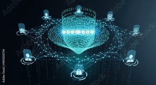 A decentralized digital network with user icons and data streams illustrates secure blockchain technology for various applications.