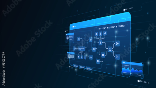 AI workflow automation artificial intelligence. ai agent workflow diagram dashboard machine learning with flow process, analytics, and processing system.