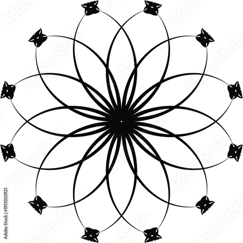 Intricate black stylized floral mandala pattern with symmetrical petallike shapes and small wolf or fox head motifs along the outer edge isolated on a white background