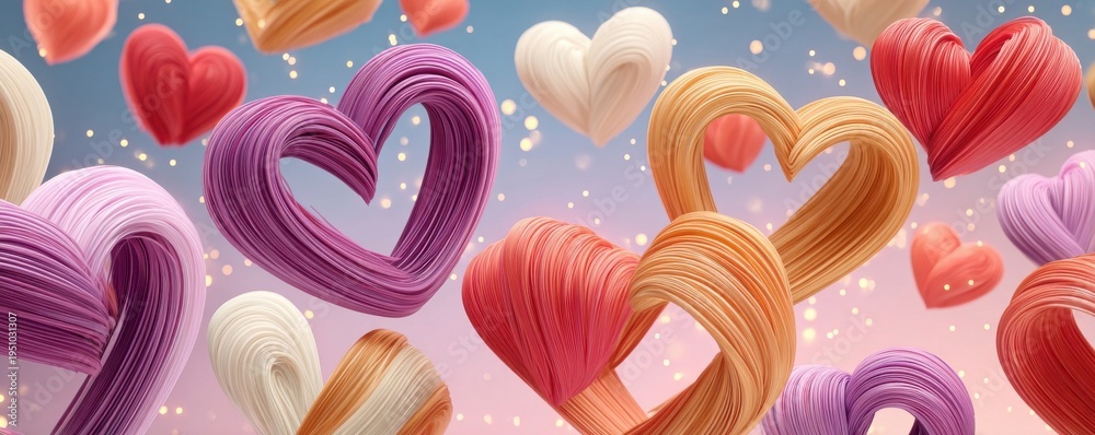 Fototapeta premium Purple and pastel fiber-like hearts forming romantic abstract background with glowing festive lights