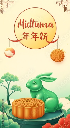 Festive illustration features a jade-colored rabbit beside a traditional baked pastry beneath celebratory script