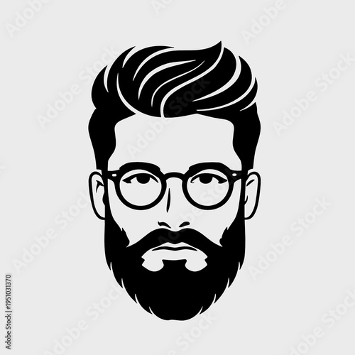 Black silhouette portrait of a bearded man with round optical glasses and styled hair. Smart hipster avatar for barber shop identity, salon logo or fashion branding.