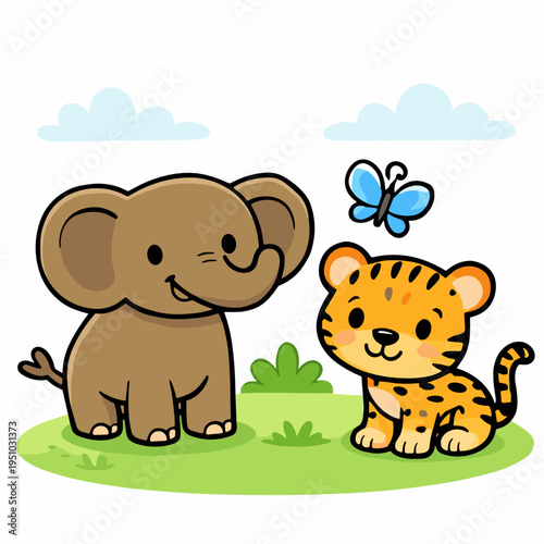 Adorable elephant and leopard cub in a sunny meadow with butterfly, blending safari charm, playful curiosity and friendly wildlife companionship in a bright children style scene.