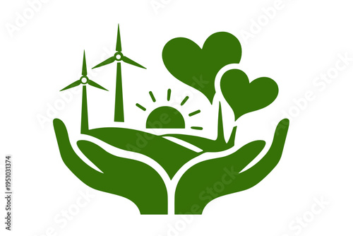 Green energy concept with caring hands holding wind turbines, sunrise and hearts, symbolizing renewable power, sustainability, environmental care and a hopeful eco friendly future.