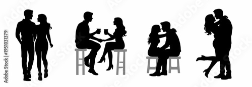 Collection of dating couple silhouettes with walking, table conversation, seated romance and dancing. Black vector set for relationship, cafe date and social lifestyle themes.