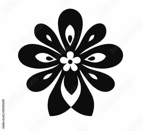 Bold black flower ornament with layered petals and central blossom. Decorative mandala-inspired vector ideal for branding, packaging, tattoos, textile prints and elegant logos.