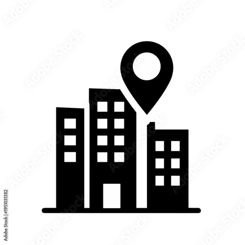 Black silhouette icon of compact city blocks with a map marker above. Urban place, address and navigation concept for location apps, real estate and directories.