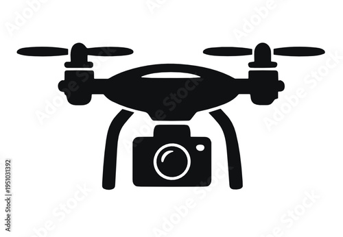 Silhouette vector icon of a quadcopter drone with built in camera. Suitable for aerial photography, videography, remote flying, mapping, surveillance and modern technology themes.