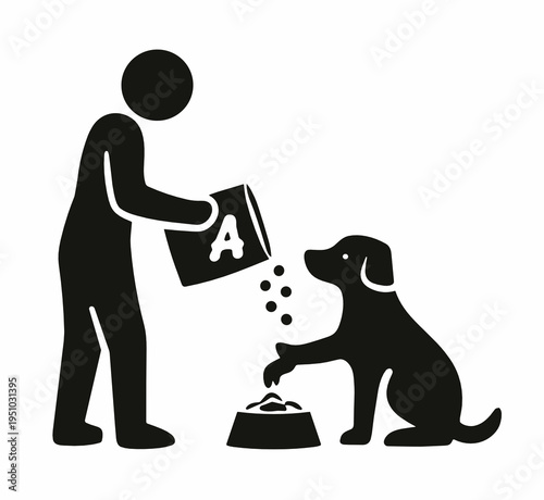 Person pouring food into a bowl while a seated dog waits obediently. Simple vector silhouette for pet nutrition, feeding routine, reward training, domestic care, and responsible ownership.