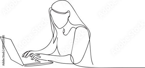 Minimal Line Art Illustration of Woman Typing on Laptop – Simple Outline Character Design
