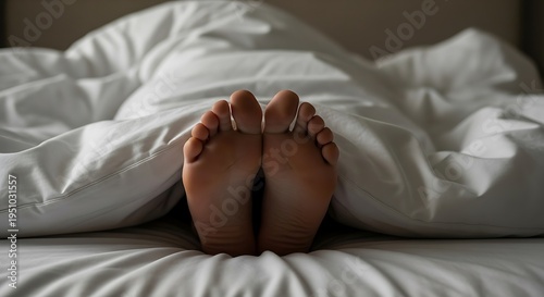 Feet sticking out from under the white duvet cover.