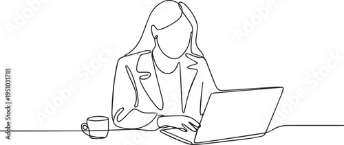 Minimal Line Art Illustration of Businesswoman Working on Laptop at Desk – Simple Outline Character Design
