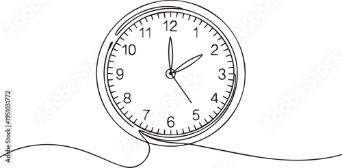 Minimal Line Art Illustration of Wall Clock Showing Time – Simple Outline Object Design
