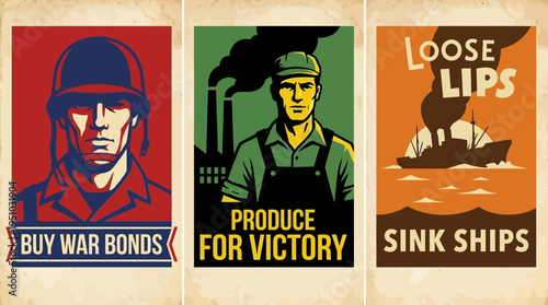 Three iconic World War II propaganda posters encouraging patriotism and wartime effort.