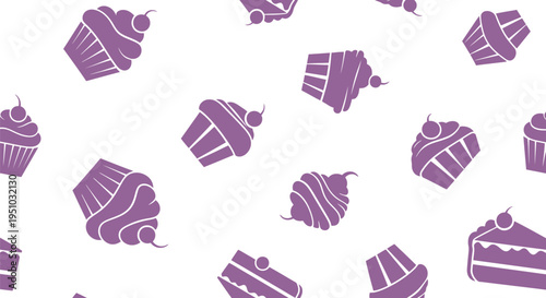 Seamless purple cupcake and cake vector pattern for bakery packaging and dessert backgrounds
