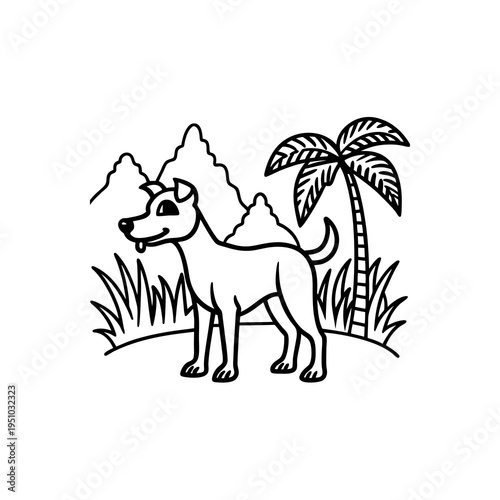A playful dog stands in a tropical landscape with palm trees and mountains in the background.