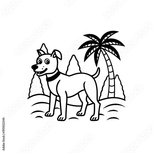 A happy cartoon dog stands on a beach with a palm tree and mountains in the background.