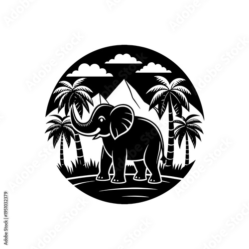 A stylized black and white illustration of an elephant standing in a tropical landscape with palm trees and mountains.
