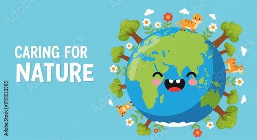 Smiling earth with leaves and flowers eco friendly concept with caring for nature text