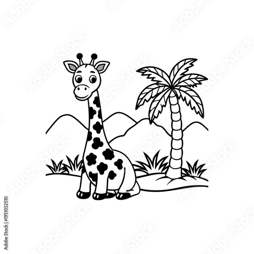 A cute cartoon giraffe is sitting next to a palm tree in a savanna landscape with mountains in the background.