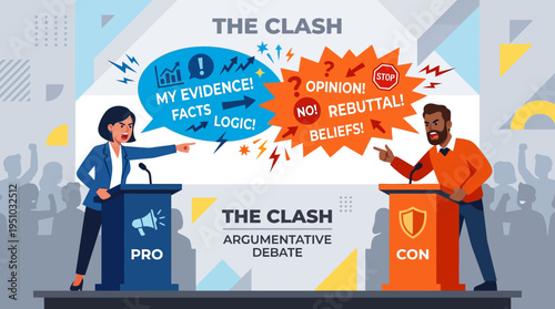 Two people debating on stage representing pro and con arguments.