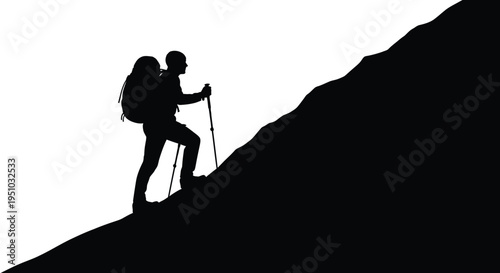 Hiker ascending a steep mountain slope dramatic black silhouette