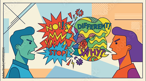 Two people engaged in a heated argument with speech bubbles showing conflicting words.