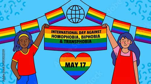 Two people hold a banner for International Day Against Homophobia Biphobia and Transphobia.
