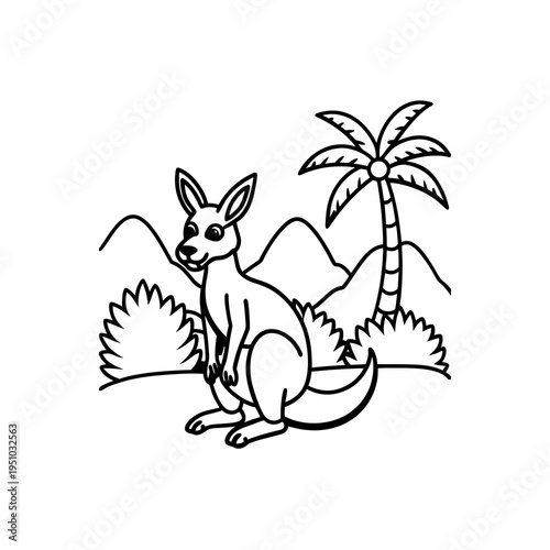 A black and white line art drawing of a kangaroo standing in a natural landscape with a palm tree and mountains in the background.
