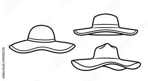 Three different hats are displayed in a simple black silhouette
