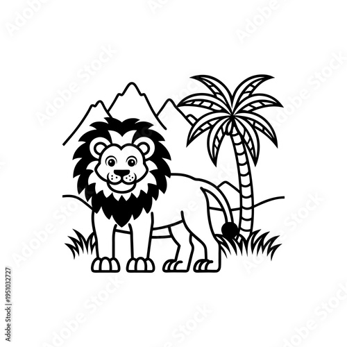 Cute cartoon lion standing in a savanna landscape with mountains and a palm tree, black and white line art illustration.